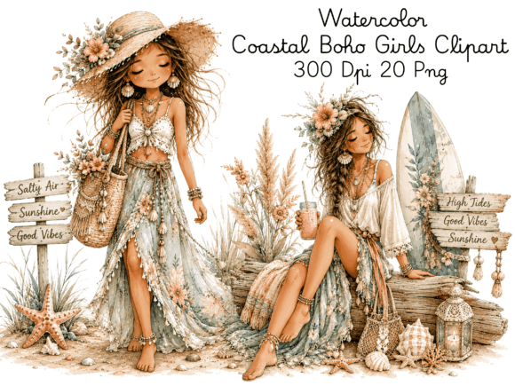 Download Watercolor Coastal Boho Girls Clipart Bu - Premium Resources